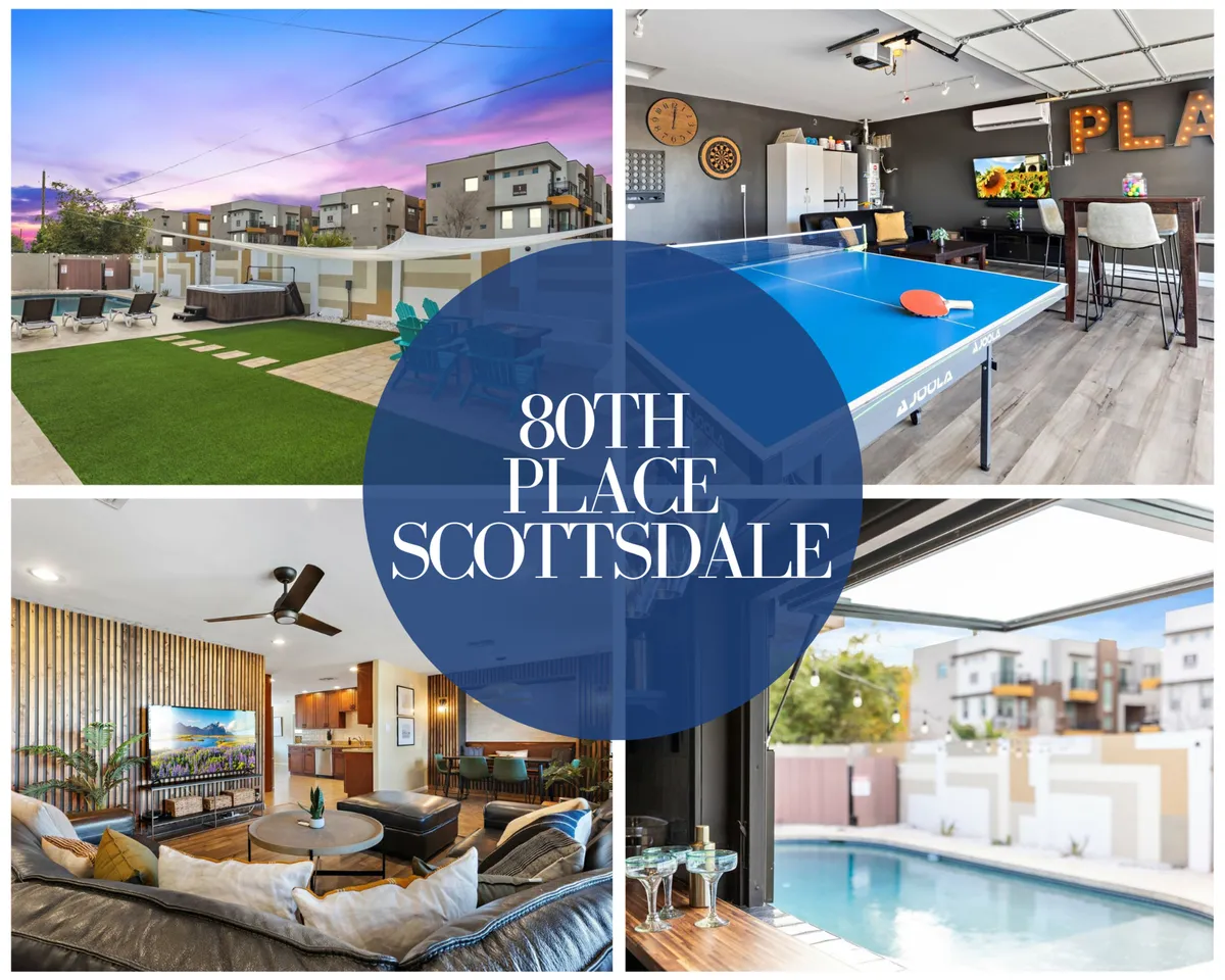 The image features a vibrant backyard scene with a sparkling heated pool surrounded by comfortable lounge seating, a ping pong table set up for friendly matches, and a lush green lawn perfect for outdoor fun. The setting is sun-drenched and inviting, evoking a relaxed and playful atmosphere perfect for gathering with family or friends.